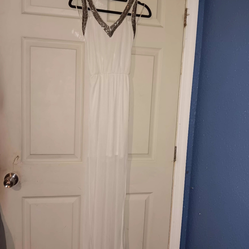Miss Selfridge Off White Evening Gown with Silver Trim Sheer Fabric Lined To Kne